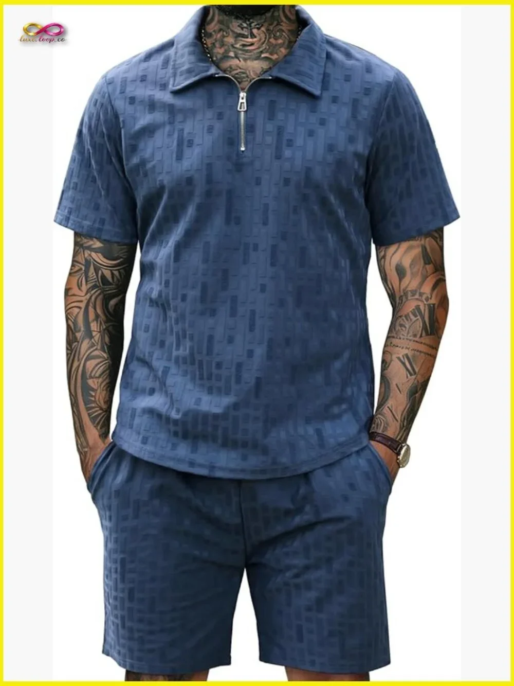 Mens Textured Polo Shirt and Shorts Set Casual 2 Piece Summer Outfits Quarter